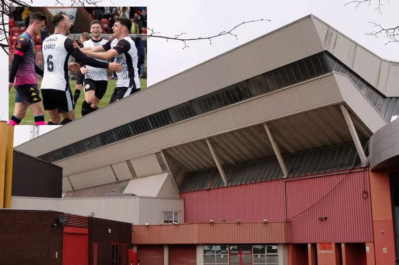 Gateshead International Stadium and (inset) Gateshead players celebrating their win over Bromley