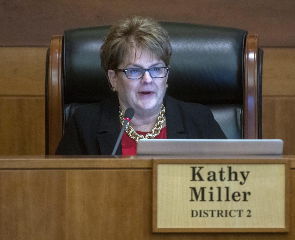 San Joaquin County supervisor and incoming chair Kathy Miller speaks at the board meeting at the San Joaquin County Administration Building in downtown Stockton.