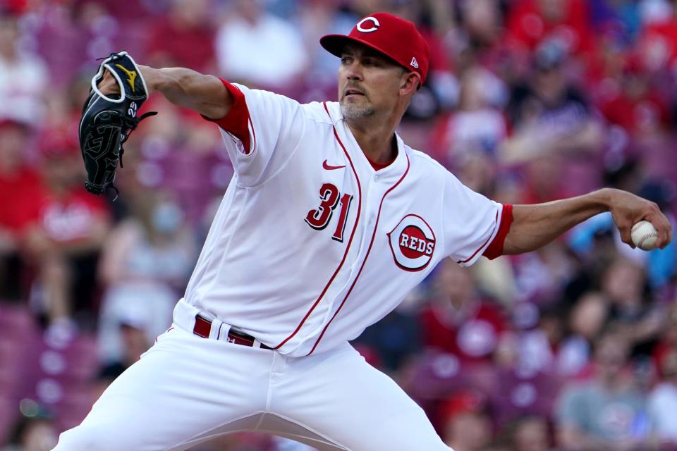 Cincinnati Reds starting pitcher Mike Minor (31) delivers the second inning of a baseball game against the Washington Nationals, Friday, June 3, 2022, at Great American Ball Park in Cincinnati. 
