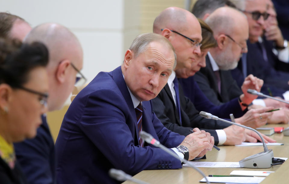 Russian President Vladimir Putin chairs a meeting to prepare amendments to the Russian constitution at Novo-Ogaryovo state residence outside Moscow