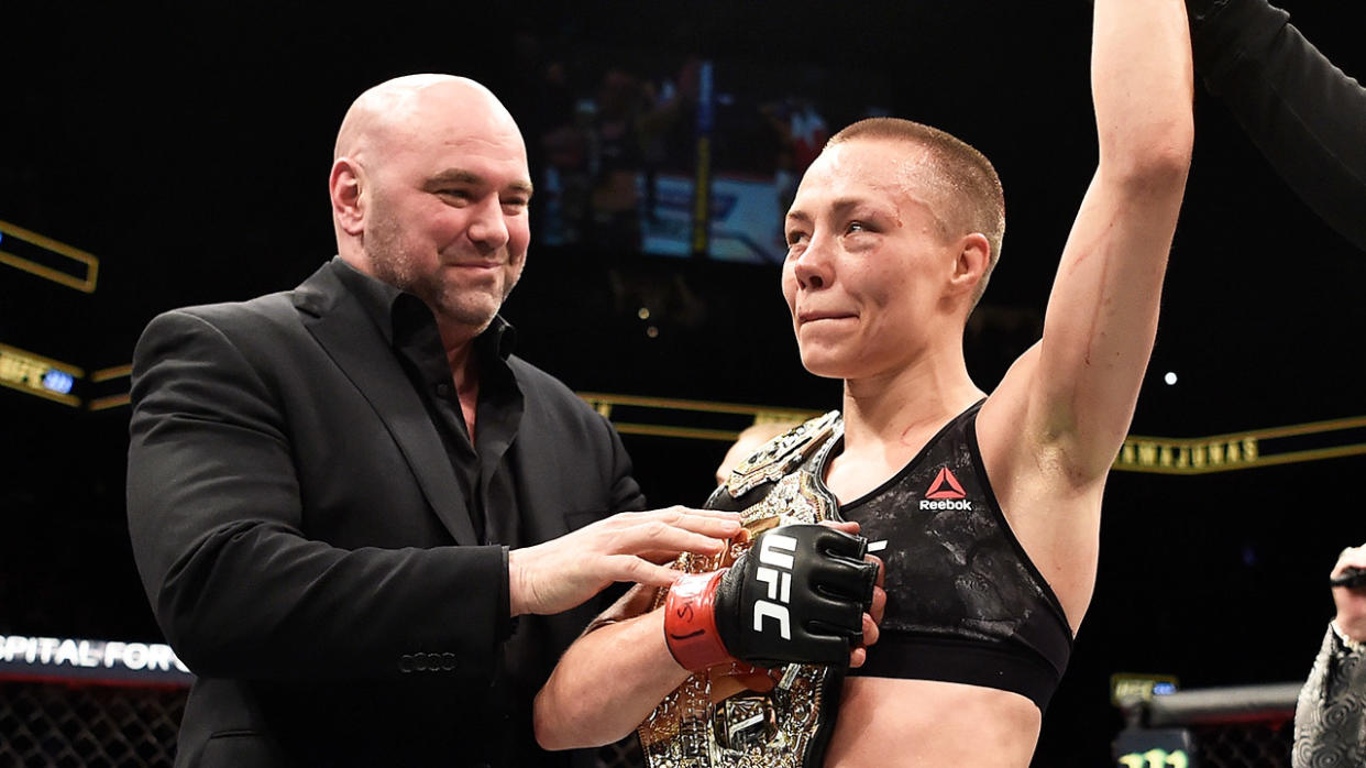 Rose Namajunas teary and celebrates after her victory.