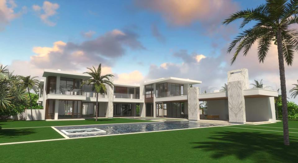 A house completed in 2021 at 535 N. County Road in Palm Beach is seen in a rendering submitted during its architectural review. The house and a nearby smaller house are owned by entities controlled by Scott Shleifer. Their 2023 tax bills total $1.72 million.