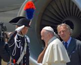 Pope Francis © with Alitalia president Luca Cordero di Montezemolo ® as he boards a plane for the World Youth Day 2016 in Krakow, Poland, from Fiumicino Airport in Rome, Italy, 27 July 2016. (EPA/TELENEWS)