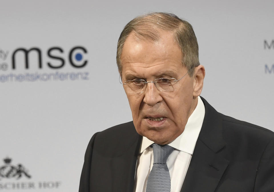 Sergei Lavrov, Foreign Minister of Russia, speaks at the 56th Munich Security Conference in Munich, Germany, Saturday, Feb.15, 2020. (Sven Hoppe/dpa via AP)