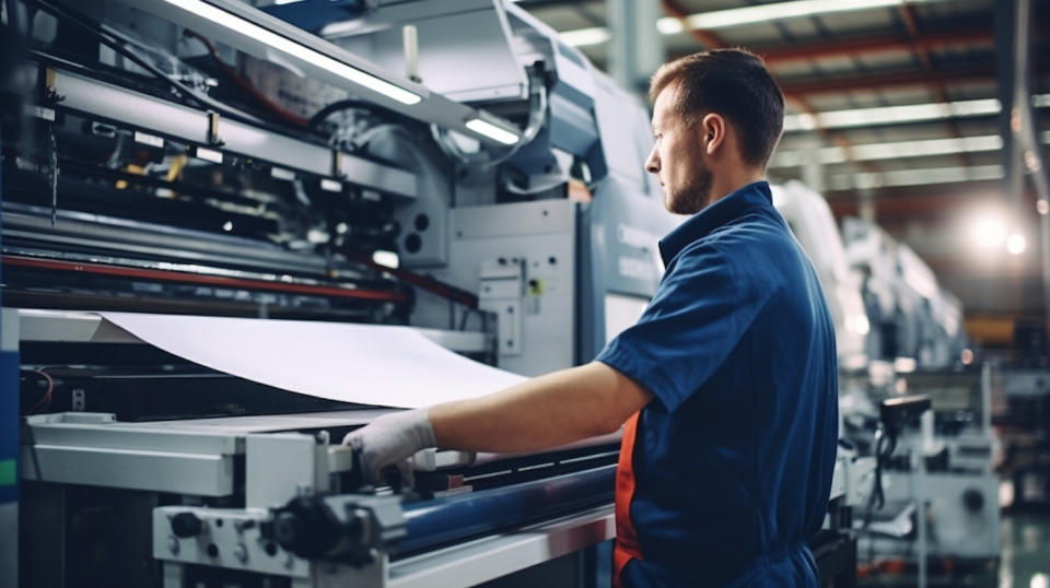 A factory worker operating a roll-up door manufacturing machine.