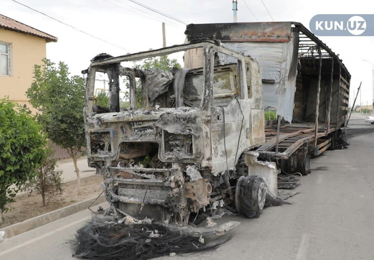 A truck was burnt during protests in Nukus, capital of the northwestern Karakalpakstan region, Uzbekistan  (via REUTERS)