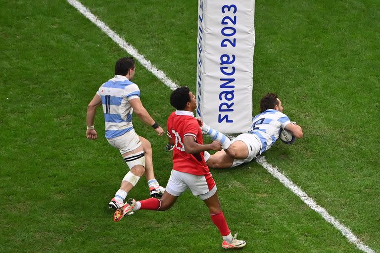 El final de la corrida de Sánchez y el segundo try de Argentina a Gales, que asegura el triunfo argentino y el pase a una semifinal de Francia 2023.