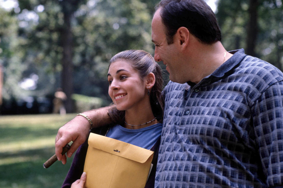 The Sopranos Season 1. James Gandolfini as Tony Soprano and Jamie Lynn Sigler as Meadow Soprano. (Copyright 2000-2005 Home Box Office Inc. All Rights Reserved. Ron Batzdorff)