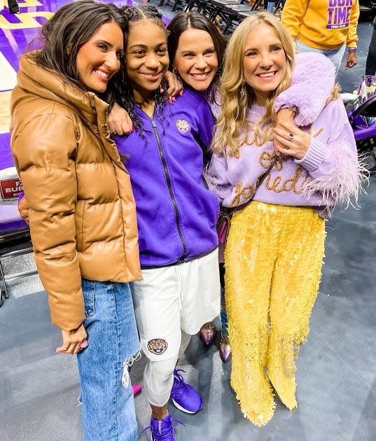 Jaime Glas, far right, at an LSU basketball game. Glas' Queen of Sparkles clothing line supplies most of Kim Mulkey's game-day outfits.