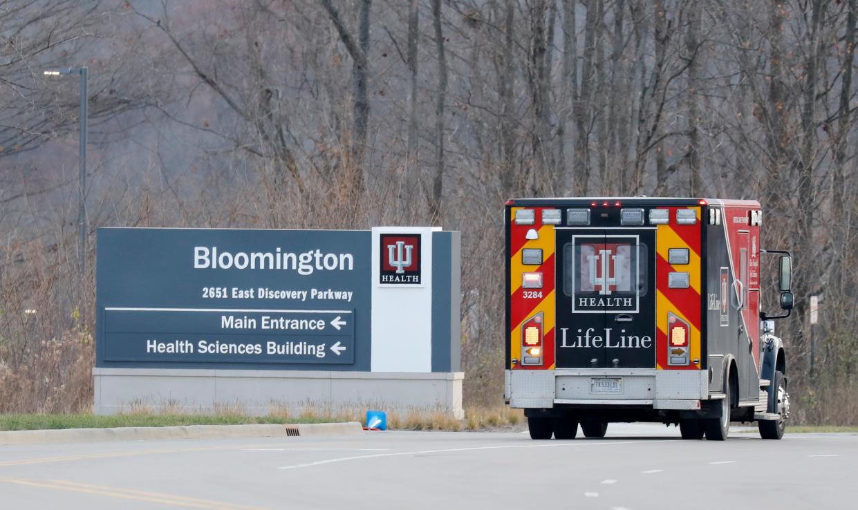 A Lifeline ambulance transports patients to to the new IU Health Bloomington Hospital in December 2021.