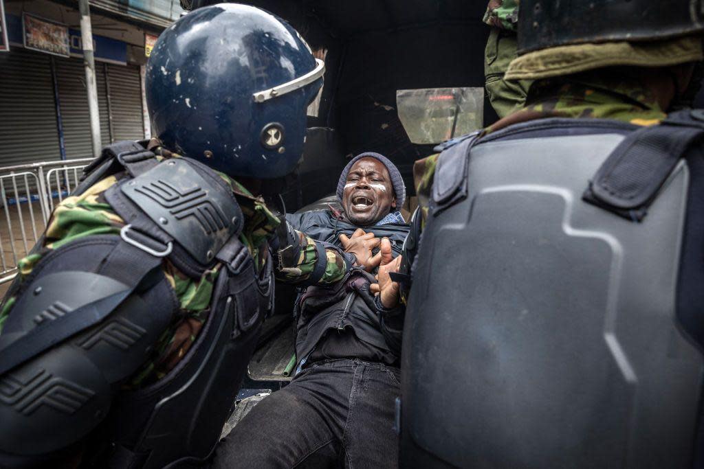 A protester being pushed into a police van.