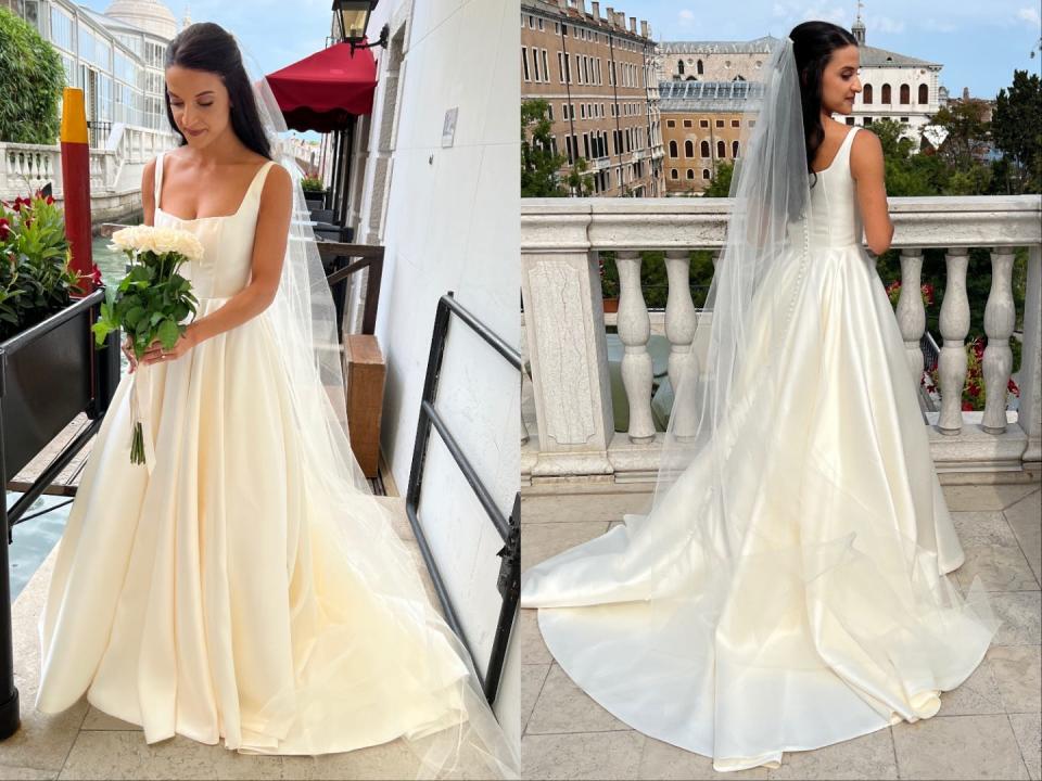 A side-by-side of the front and back of a bride's wedding dress.