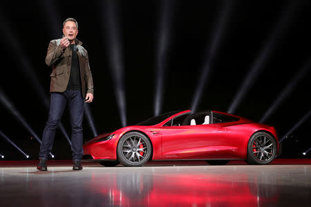 Tesla CEO Elon Musk unveils the Roadster 2 during a presentation in Hawthorne, California. Tesla/via REUTERS