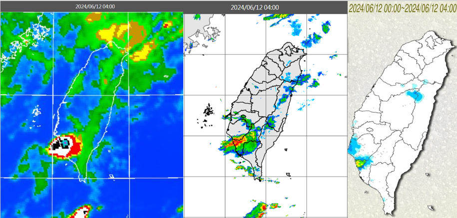 今(12)日4時紅外線雲圖顯示，西南部有局部性「大雷雨」發生(左圖)，伴隨降水回波(中圖)及降雨(右圖)。（圖／翻攝自「三立準氣象.老大洩天機」）