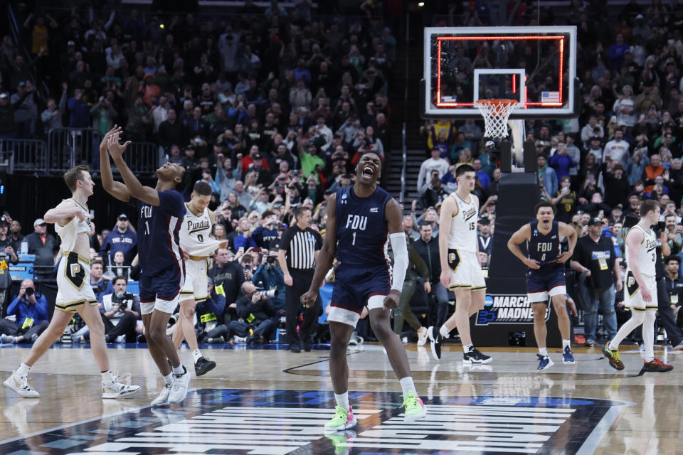 Fairleigh Dickinson stunned the college basketball world with its upset of No. 1 Purdue in last year's NCAA Tournament.  (Jay LaPreet/NCAA Photo via Getty Images)