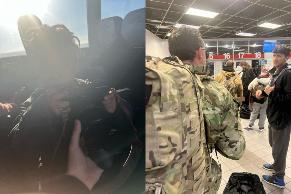 kid playing with camera (left), line of people at bus station (right)