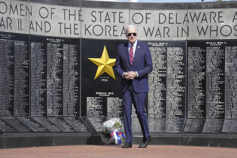 President Joe Biden walks off after placing a wreath at Veterans Memorial Park at the Delaware Memorial Bridge in New Castle, Del., Tuesday, May 30, 2023. (AP Photo/Patrick Semansky)