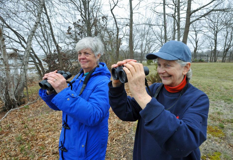 Jean Mackey, left, and Sally Owen, both of Quincy, enjoy birdwatching along the marsh off Fenno Street in Quincy, Thursday, April 14, 2022.