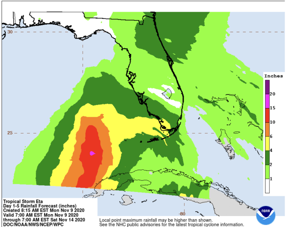 Eta’s risks include heavy rain and potential flooding.