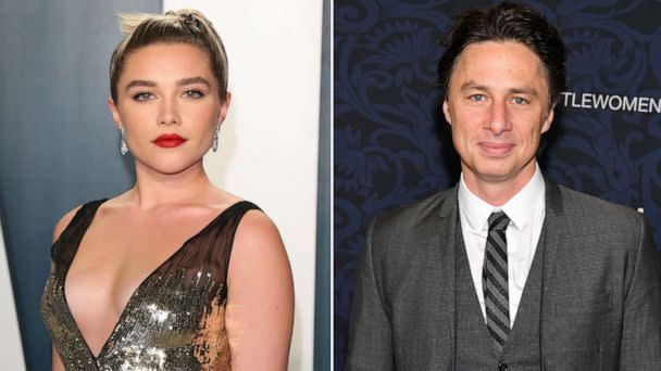 PHOTO: Left: Florence Pugh at the 2020 Vanity Fair Oscar Party in Beverly Hills, Feb. 9, 2020. Right: Zach Braff attends the 'Little Women' in New York City, Dec. 07, 2019. (Jean-baptiste Lacroix/AFP via Getty Images, Dia Dipasupil/Getty Images)