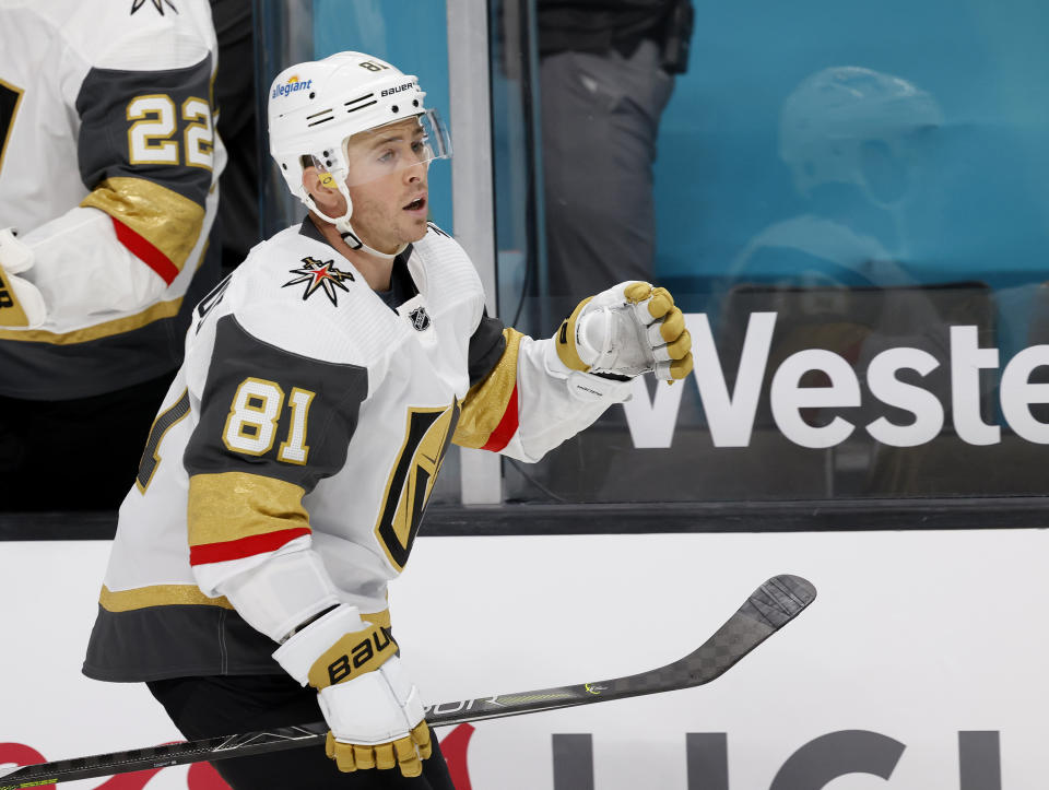 Vegas Golden Knights center Jonathan Marchessault (81) celebrates after scoring a goal against the San Jose Sharks during the first period of an NHL hockey game in San Jose, Calif., Saturday, Feb. 13, 2021. (AP Photo/Josie Lepe)