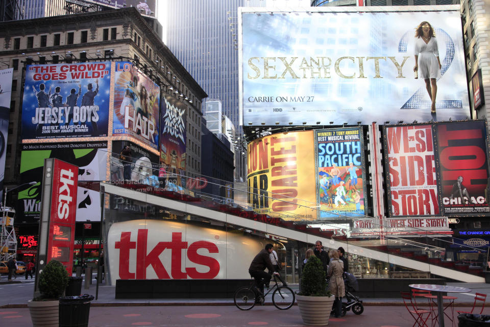 FILE - The TKTS ticket agency appears in New York's Times Square on April 29, 2010. The TKTS booth in Times Square, which has become part of the city's visual and financial DNA and a key part in keeping Broadway going, celebrates its 50th birthday this week. (AP Photo/Mark Lennihan, File)