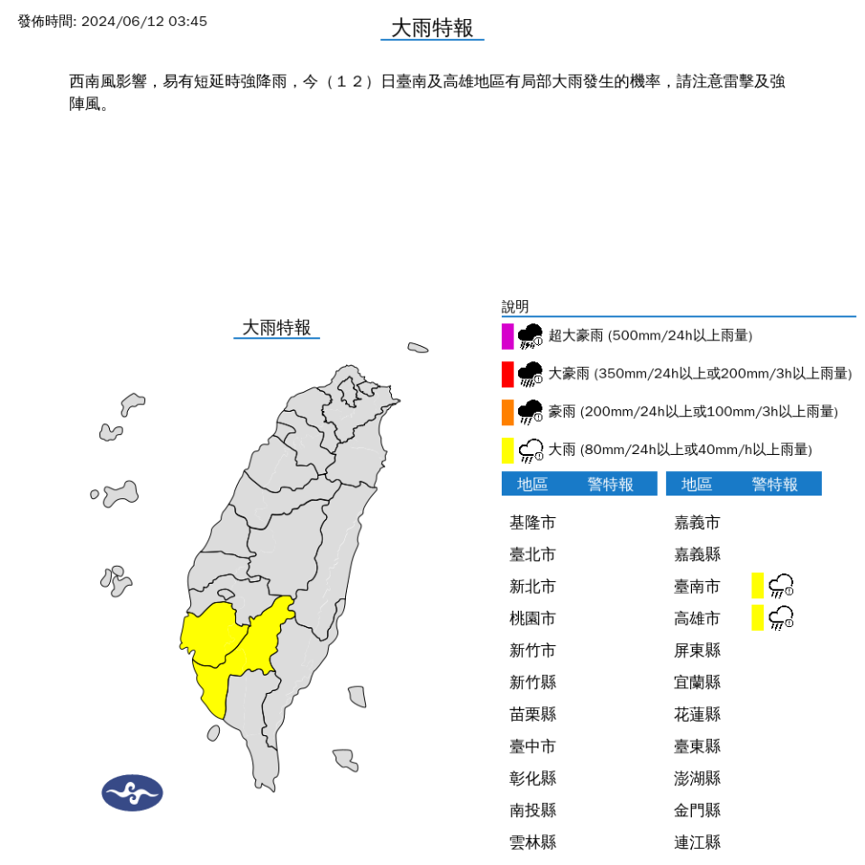 西南風影響，易有短延時強降雨，今（6/12）日台南及高雄地區有局部大雨發生的機率，請注意雷擊及強陣風。中央氣象署