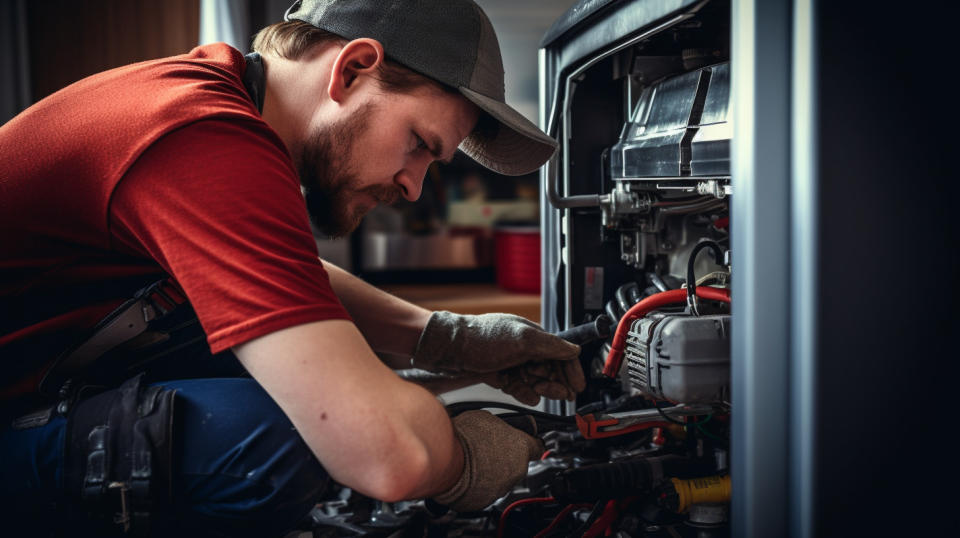 A close up of a service professional making repairs to a home appliance.