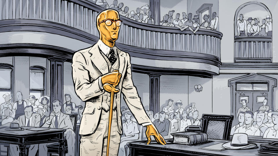 Oscar statue dressed as the a lawyer in a 1950s courtroom