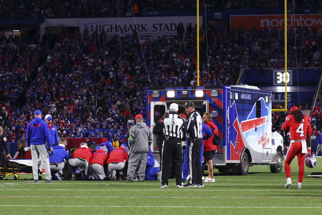 Bills running back Damien Harris was taken to a hospital with a neck injury in the first half of their win over the Giants on Sunday night. 