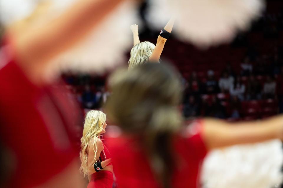 Utah Utes cheerleaders cheers during a college women’s basketball game between the Utah Utes and the Stanford Cardinal at the Jon M. Huntsman Center in Salt Lake City on Friday, Jan. 12, 2024. | Megan Nielsen, Deseret News