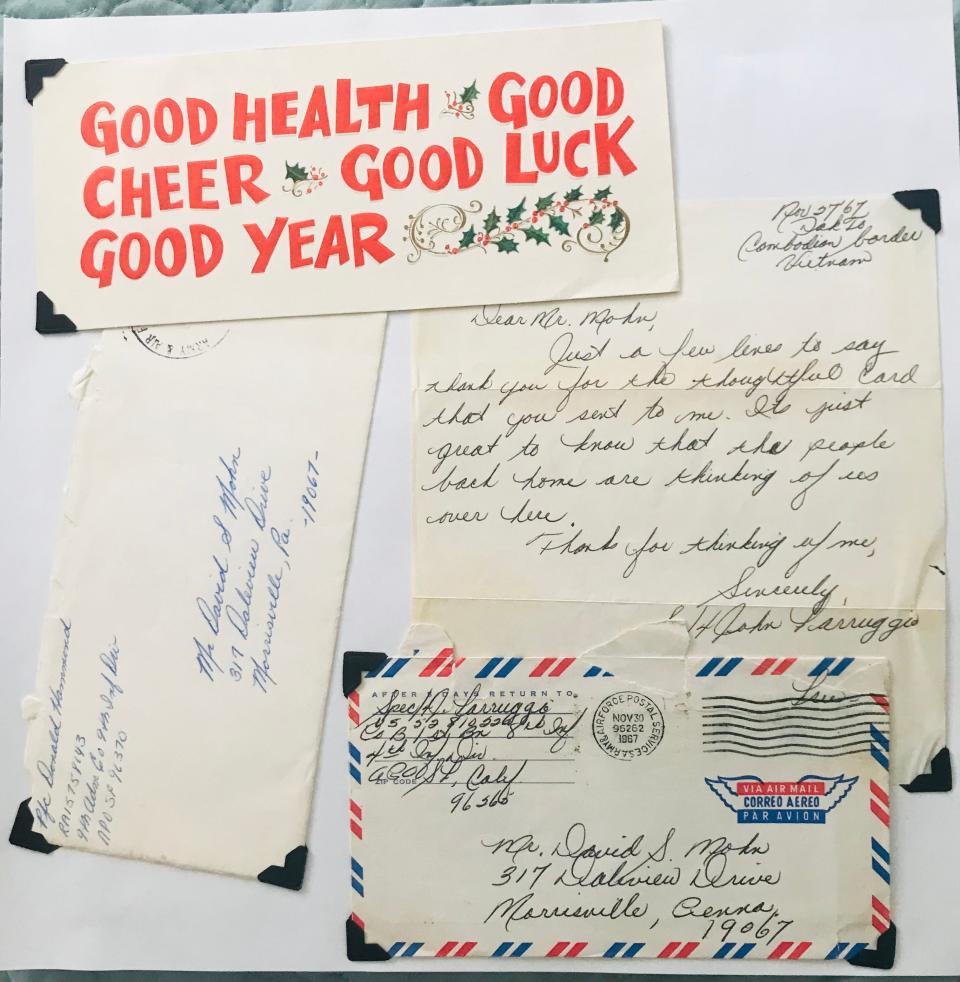 "Just a few lines to say thank you for the thoughtful card that you sent to me. It's just great to know that the people back home are thinking of us over here," wrote John Farraggio in a 1968 letter to Dave Mohn, an elementary shcool kid from Yardley who took it upon himself to send Christmas greetings to men fighting in Vietnam.