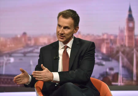 Britain's Secretary of State for Foreign and Commonwealth Affairs Jeremy Hunt appears on the BBC's Marr Show, in London, Britain, November 25, 2018. Jeff Overs/BBC/Handout via REUTERS