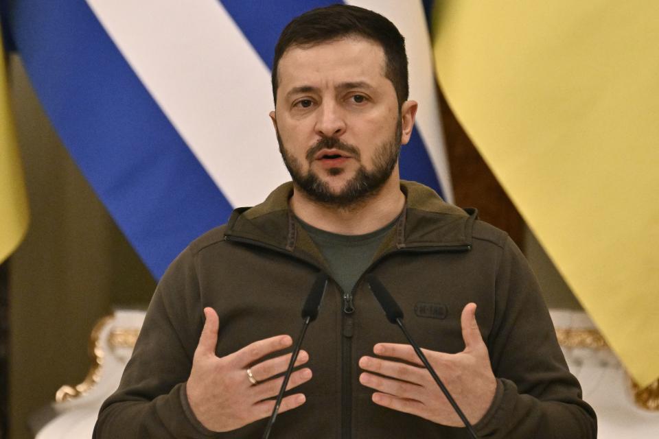 Ukrainian President Volodymyr Zelensky speaks.