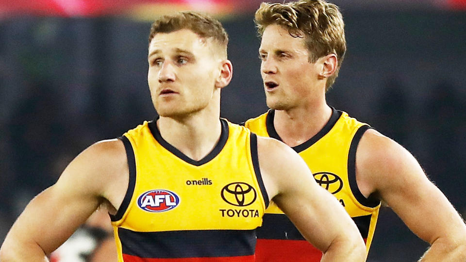 Rory Laird and Rory Sloane, pictured here after Adelaide's loss to Essendon.