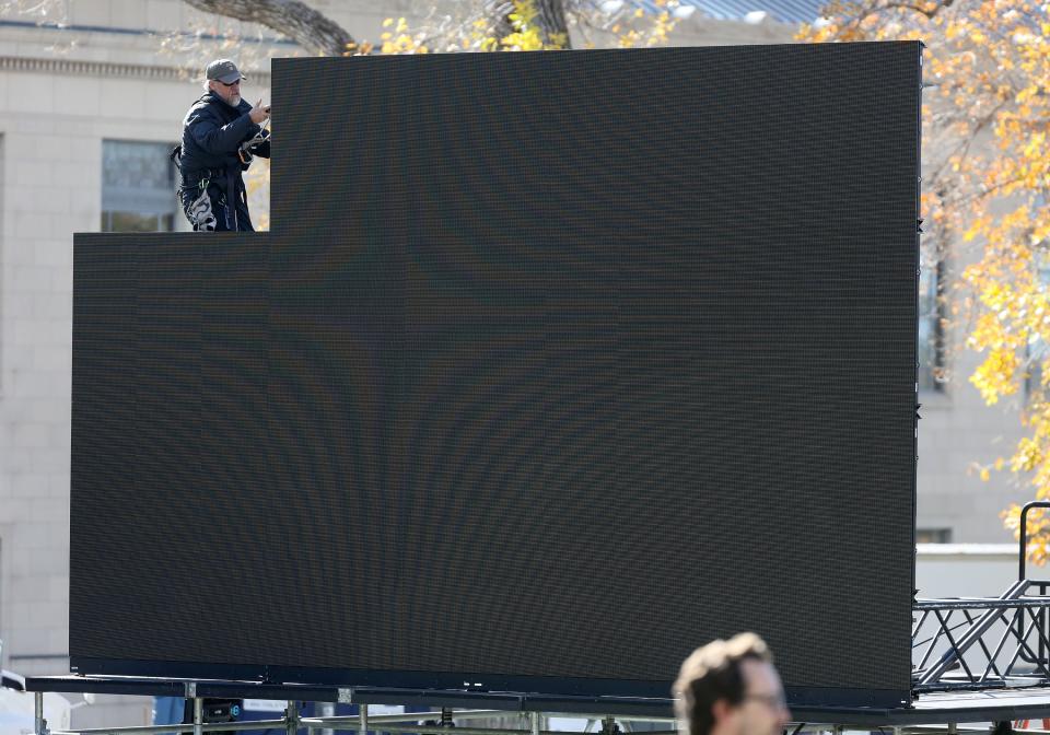 Crews set up a giant screen for ESPN’s “College GameDay” show at the University of Utah in Salt Lake City on Thursday, Oct. 26, 2023. | Kristin Murphy, Deseret News