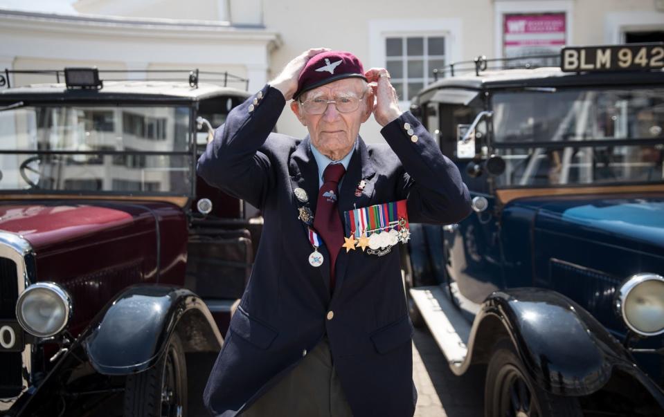 <p>World War II veteran Fred Glover adjusts his Parachute regimental beret as he arrives at Worthing Pier on July 4, 2017. Ninety London taxis with the Taxi Charity for Military Veterans brought around 200 veterans to Worthing for a day by the sea. </p><p><strong>RELATED: </strong><a href="https://www.redbookmag.com/life/g4603/sad-photos-guaranteed-to-make-you-cry/" rel="nofollow noopener" target="_blank" data-ylk="slk:30 Powerful Photos Guaranteed to Make You Cry;elm:context_link;itc:0;sec:content-canvas" class="link "><strong>30 Powerful Photos Guaranteed to Make You Cry</strong></a></p>