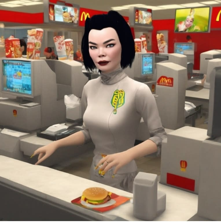 An animated character resembling Wednesday Addams serving a burger at a McDonald's counter