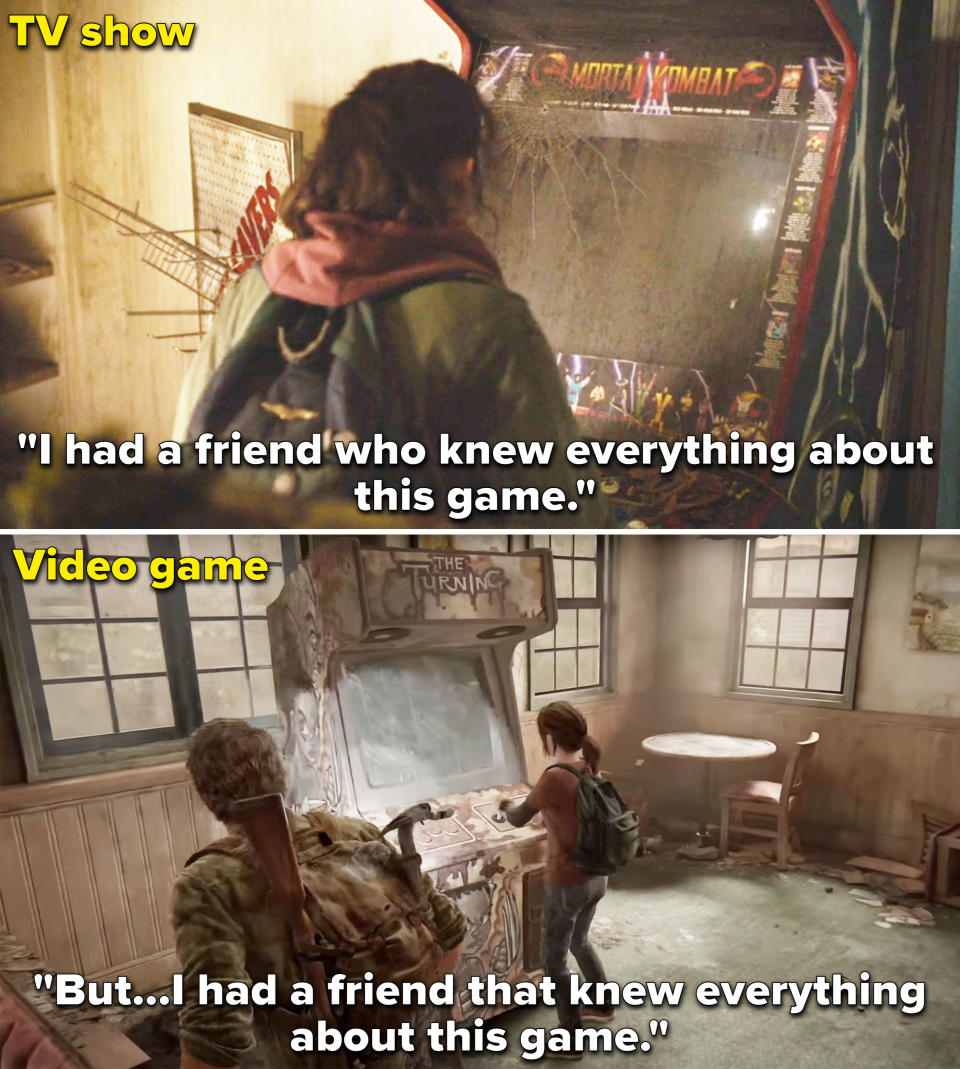Ellie looking at an arcade game in the show vs game