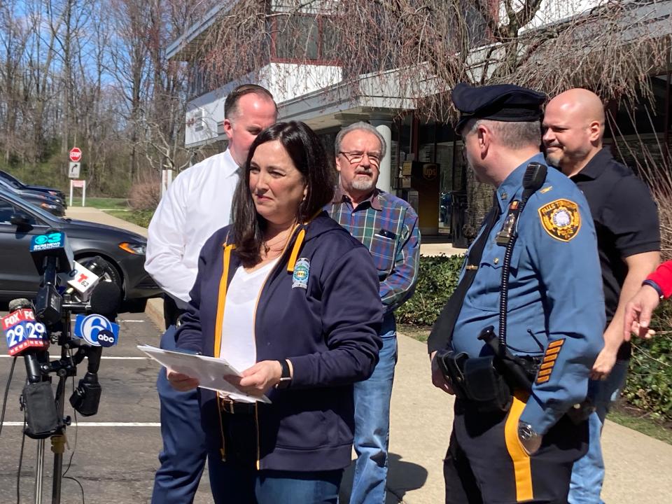 Bucks County District Attorney Jennifer Schorn updates the media on the Levittown shootings that left three dead Saturday, March 16, 2024.