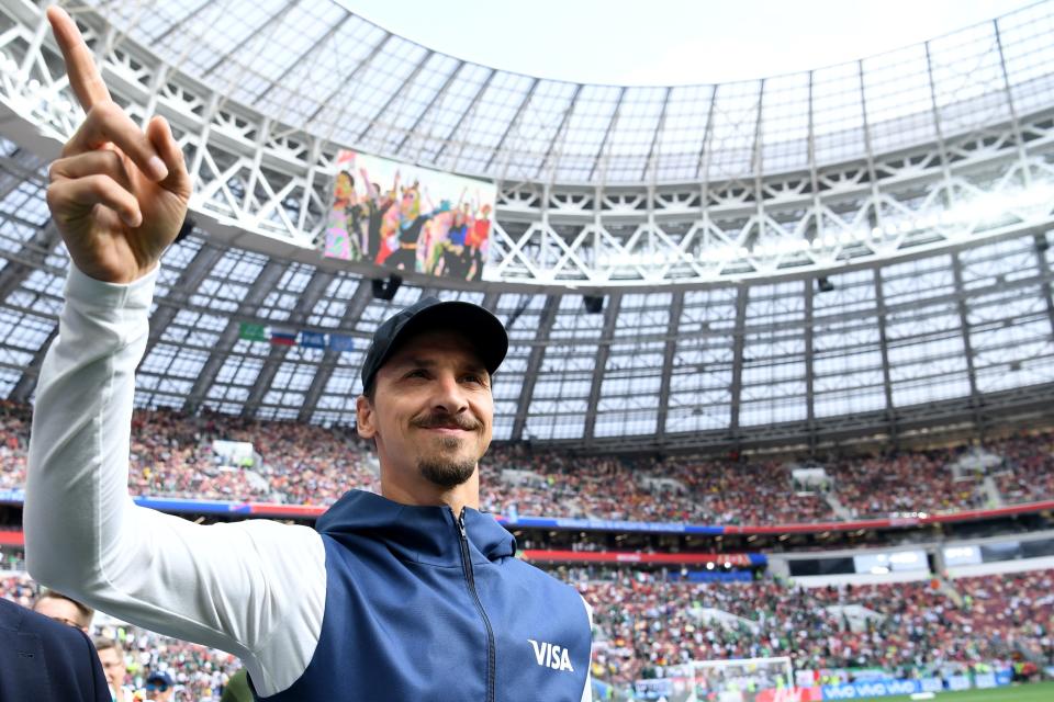 Swedish football player Zlatan Ibrahimovic gestures before the Russia 2018 World Cup Group F football match between Germany and Mexico at the Luzhniki Stadium in Moscow on June 17, 2018. (Getty Images)