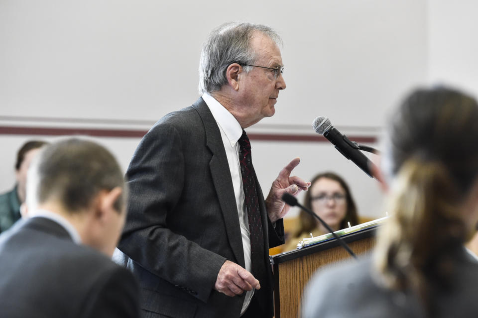 Plaintiff's attorney Roger Sullivan makes an argument during a status hearing for Held vs. Montana before Judge Kathy Seeley in the Lewis and Clark County Courthouse in Helena, Mont., on Friday, May 12, 2023. Seeley said a climate change lawsuit from young people challenging the state’s pro-fossil fuel policies will proceed to trial despite efforts by officials to derail the case. (Thom Bridge/Independent Record via AP)