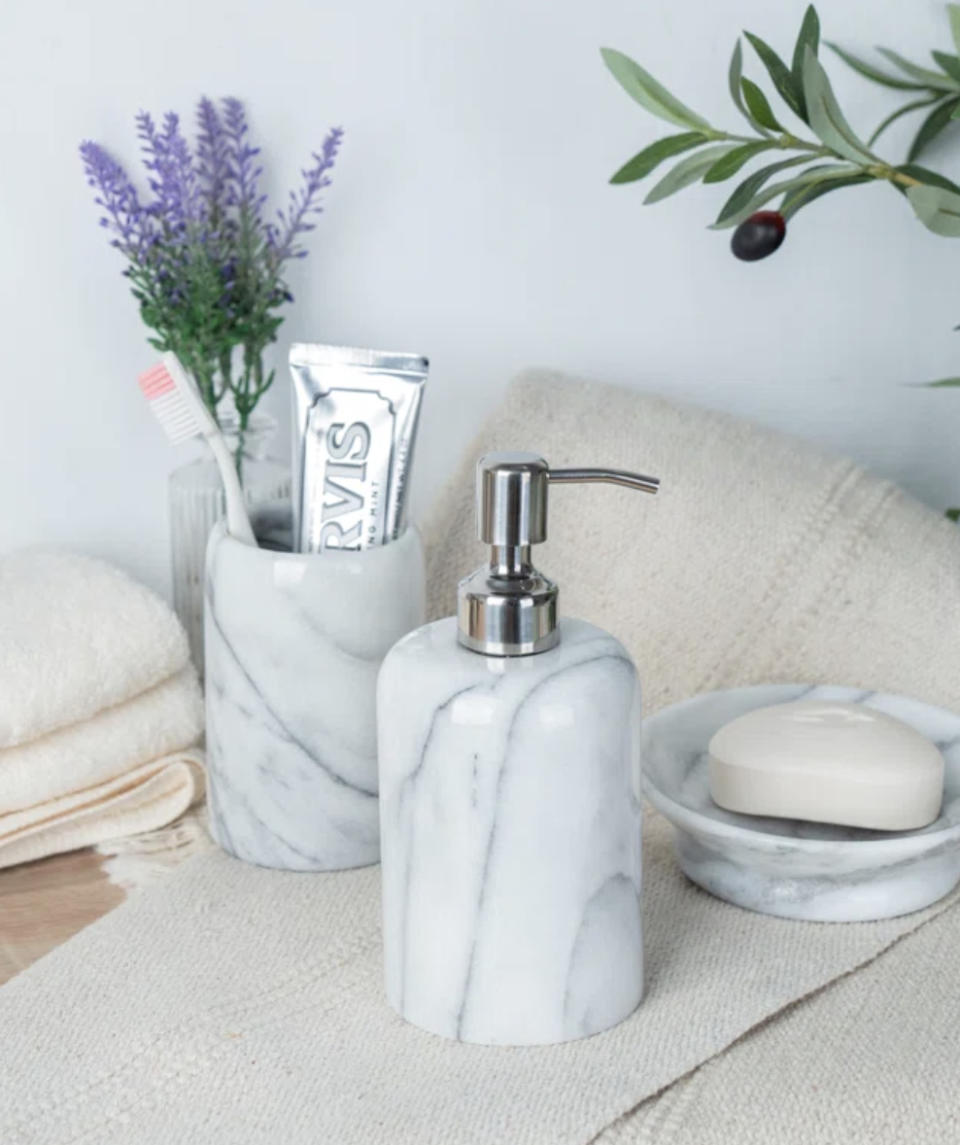 A white marble soap dispenser