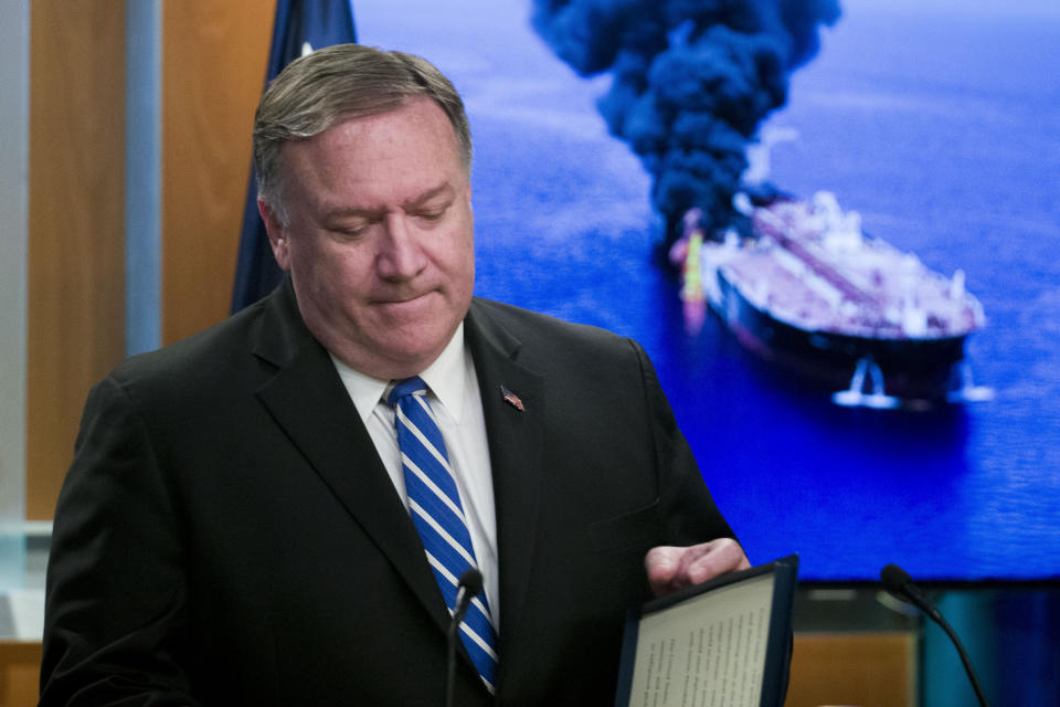 Secretary of State Mike Pompeo closes his remarks as he departs after a media availability, at the State Department, Thursday, June 13, 2019, in Washington. Pompeo says Iran is believed to be responsible for attacks on 2 tankers near Persian Gulf. (AP Photo/Alex Brandon)