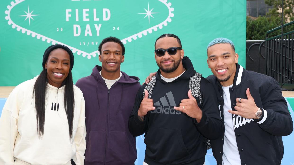 las vegas, nevada february 09 l r chelsea gray, garrett wilson, tua tagovailoa and amon ra st brown attend as adidas debuts its brand campaign with a star studded roster of athletes at resorts world las vegas on february 09, 2024 in las vegas, nevada photo by joe scarnicigetty images for adidas