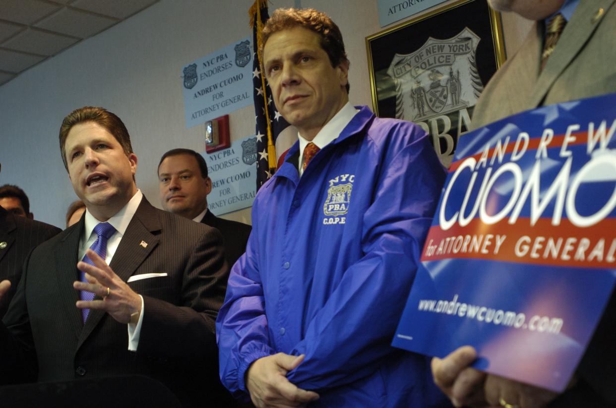 Patrolmen's Benevolent Association President Patrick Lynch announces the union's endorsement of Andrew Cuomo for state attorney general during a news conference at PBA offices in lower Manhattan.