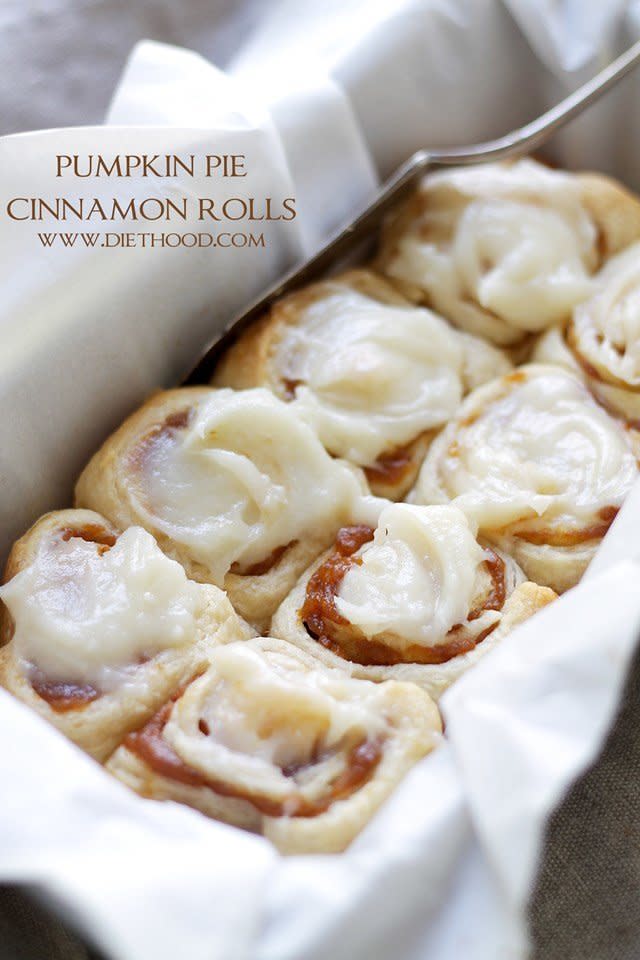 Speaking of breakfast, we think pumpkin works spectacularly in cinnamon rolls too. After all, cinnamon and pumpkin go together like Thanksgiving and stuffing!  <a href="http://diethood.com/pumpkin-pie-cinnamon-rolls/" target="_blank">Find the recipe at Diethood</a>.