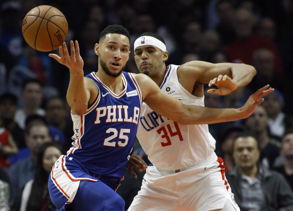 Philadelphia 76ers guard Ben Simmons had some fun in the final seconds of a victory on New Year’s Day. (AP Photo/Alex Gallardo)