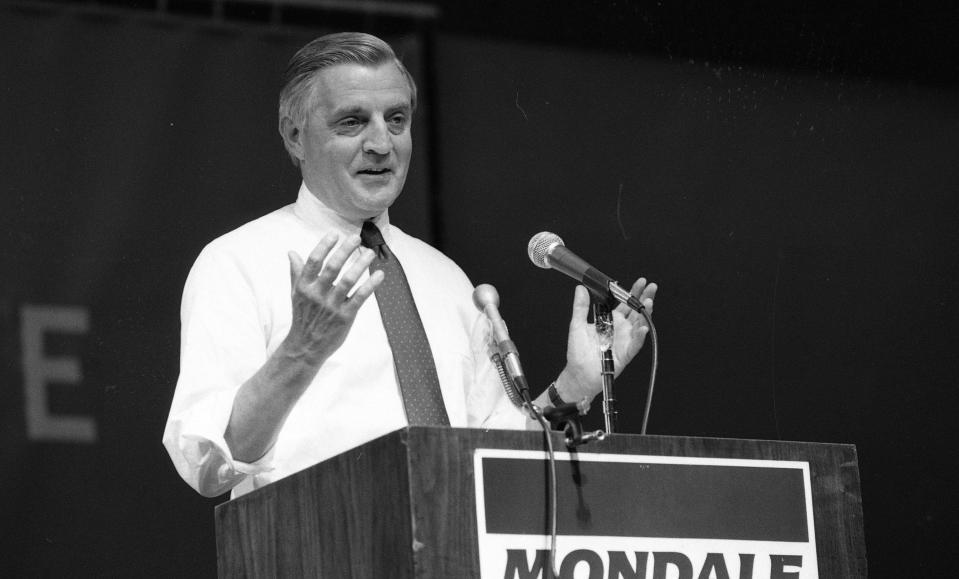 Walter Mondale on the campaign trail at San Jose State University September 4, 1984.  / Credit: Brant Ward/The San Francisco Chronicle via Getty Images