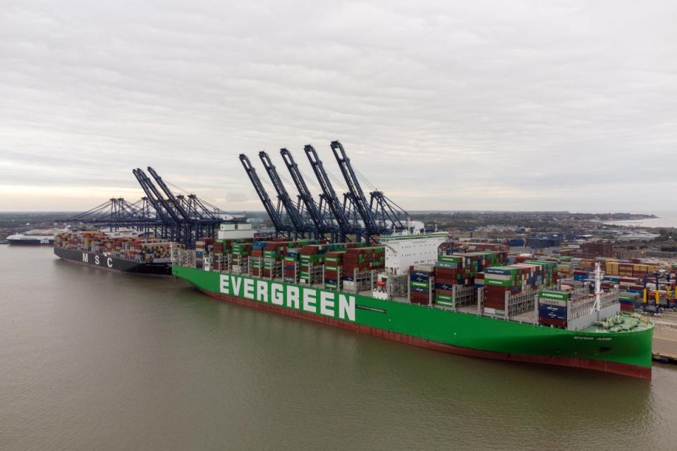 The world’s largest cargo ship Ever Ace, holder of the record for most containers loaded on to a single vessel, arrives at the Port of Felixstowe in Suffolk (Joe Giddens/PA) (PA Wire)